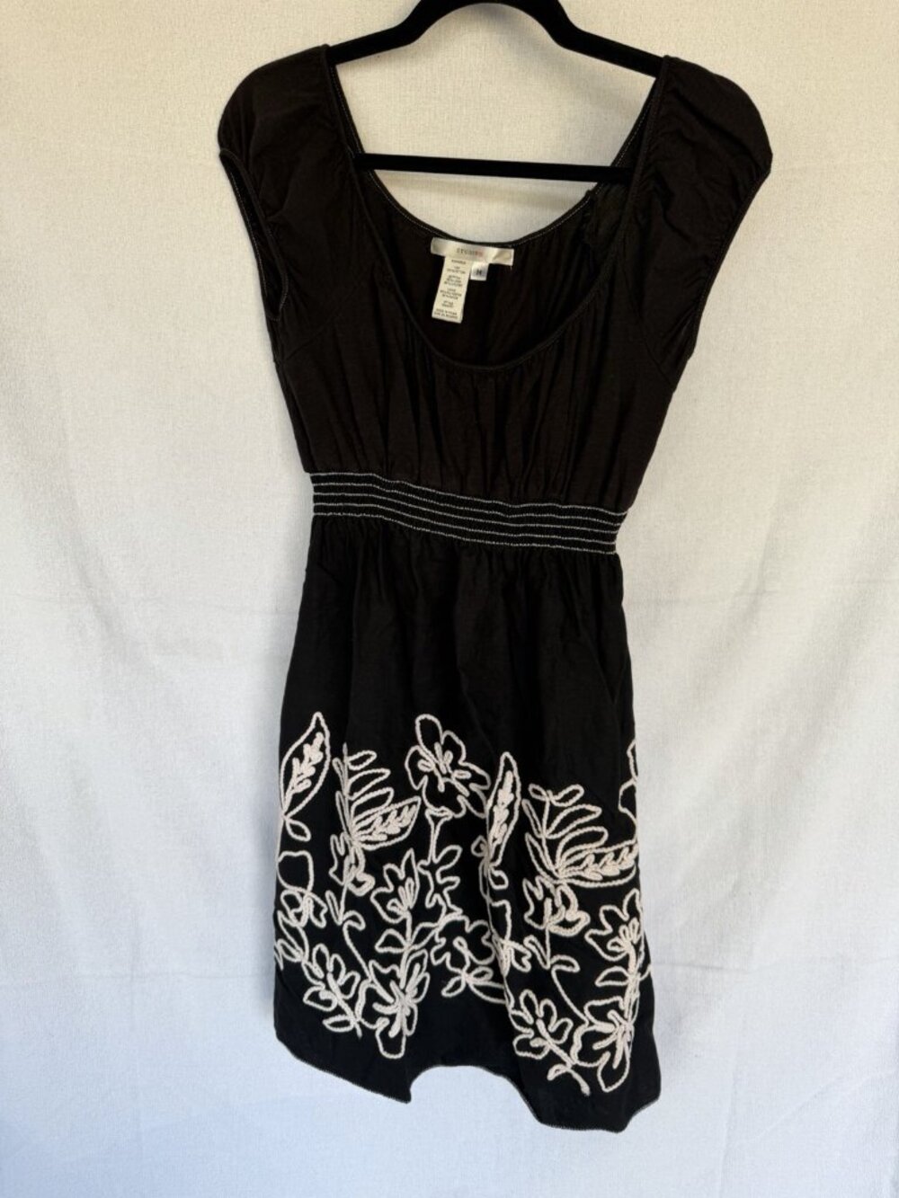 Studio M Black Ivory Floral Embroidered Linen Cotton Cap Sleeve Dress Size M